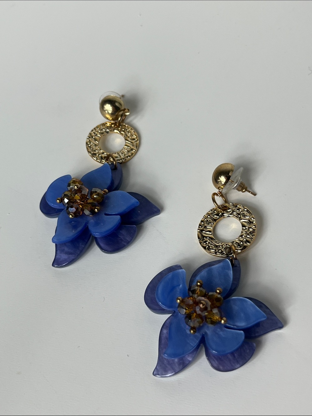 Gold-Tone Blue Floral Drop Earrings - Statement Flower Earrings